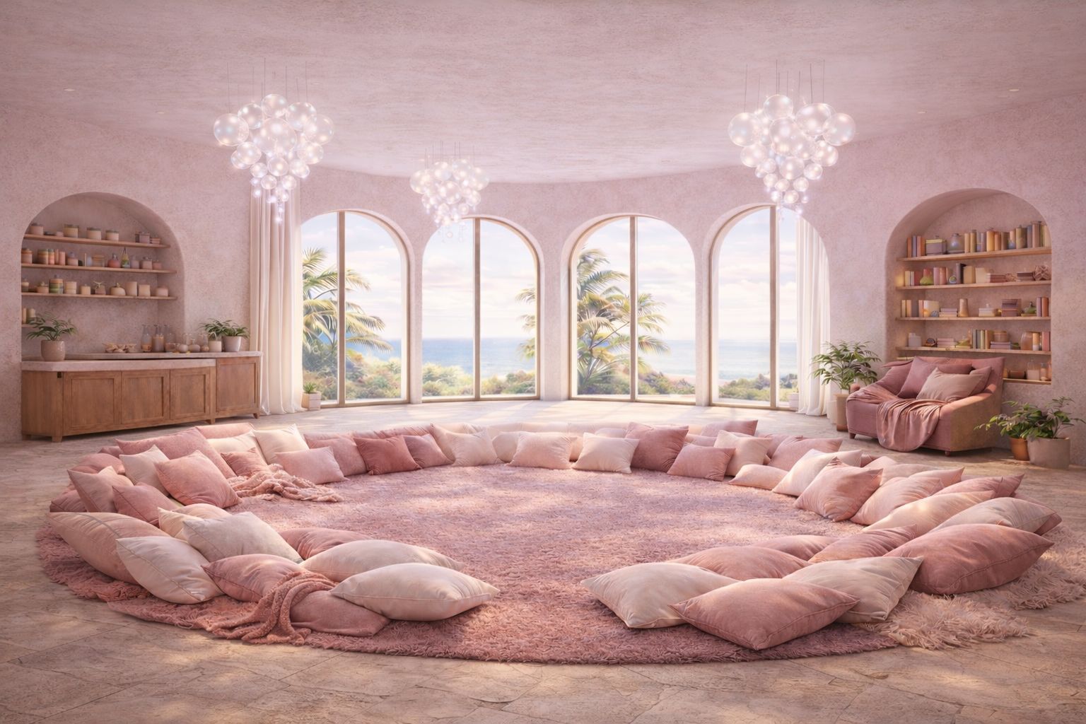 A soft pink virtual room for gathering and reflection