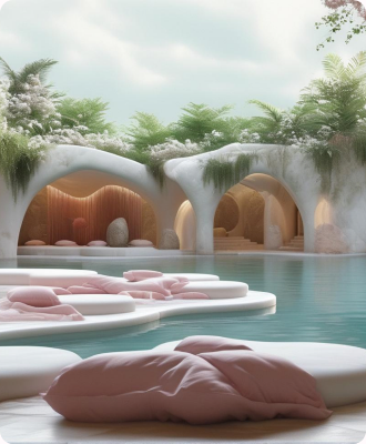 A dreamy pastel spa scene with cushioned platforms floating on a calm pool.
