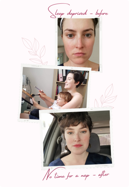 A client learning to apply her own makeup at the studio mirror while Amélie guides her.